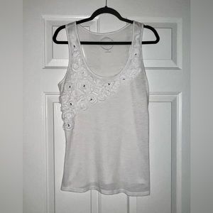INC Women’s White Tank Top Flower & Rhinestone Emblishments Size XL